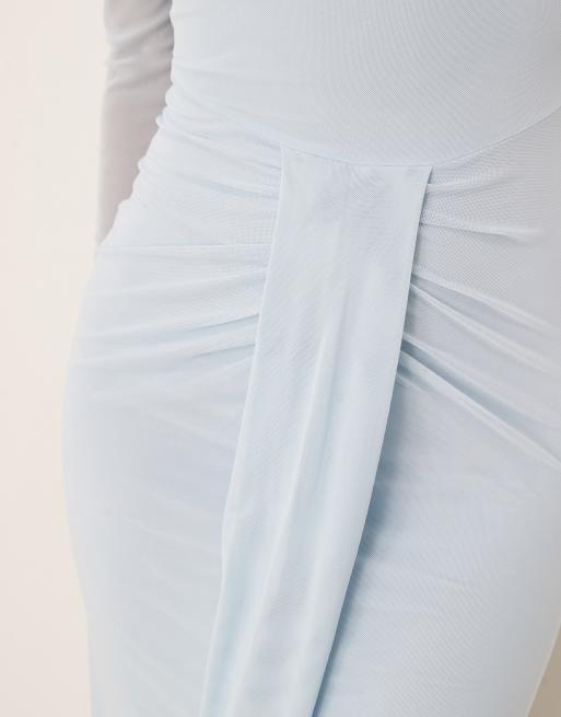 ASOS DESIGN - Vestito lungo celeste in rete a maniche lunghe con scollo a barchetta, schiena scoperta e drappeggio, 3 di 4