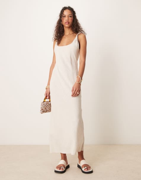 ASOS DESIGN - Vestito lungo color avena effetto lino con taglio sbieco e spalline attorcigliate - view 1