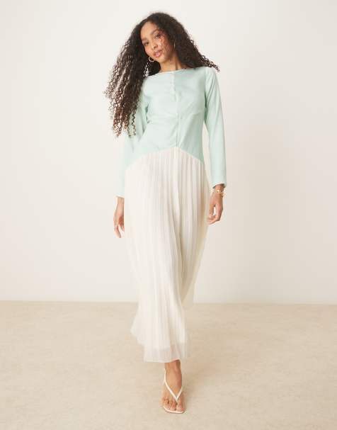 ASOS DESIGN - Vestito lungo color block verde e crema con vita scesa e gonne a pieghe - view 1