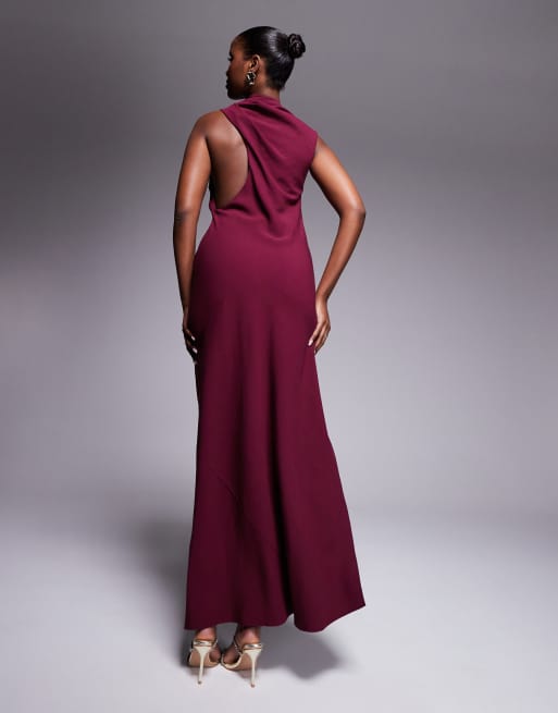 ASOS DESIGN - Vestito lungo color bordeaux con bustino con lato asimmetrico, 4 di 4
