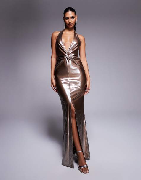 ASOS DESIGN - Vestito lungo color bronzo metallizzato con scollo profondo intrecciato sul davanti - view 1