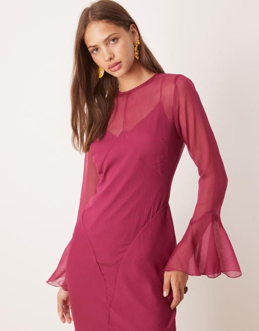 ASOS DESIGN - Vestito lungo color ciliegia con volant sul fondo e sulle maniche, 3 di 4