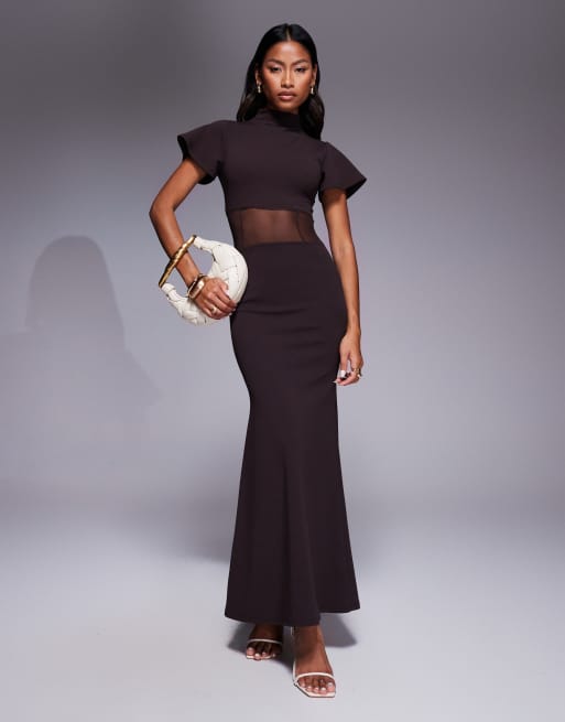 ASOS DESIGN - Vestito lungo color cioccolato con cuciture stile corsetto in rete