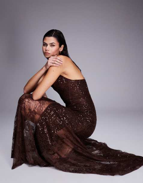 ASOS DESIGN - Vestito lungo color cioccolato con paillettes e godet in pizzo - view 1