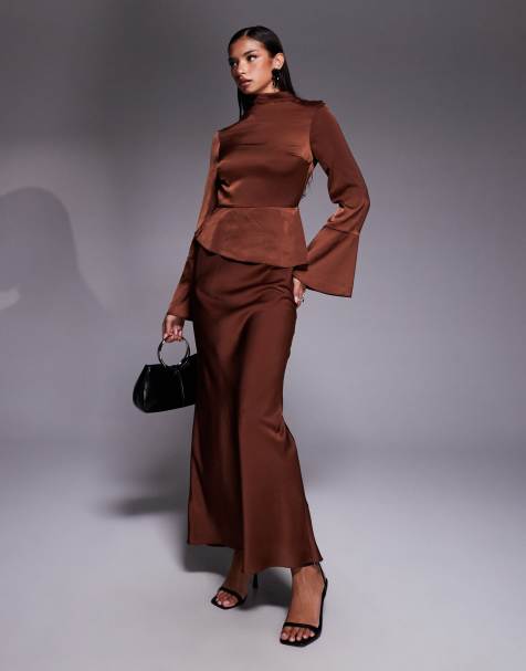 ASOS DESIGN - Vestito lungo color cioccolato con peplo e maniche svasate - view 1