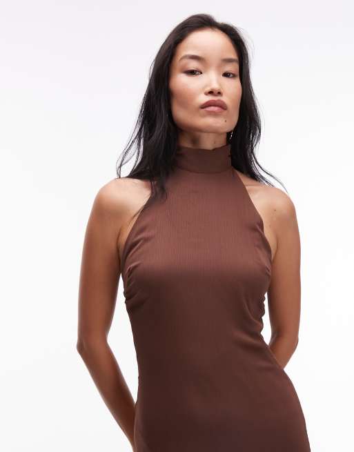 ASOS DESIGN - Vestito lungo color cioccolato in chiffon accollato, 4 di 4