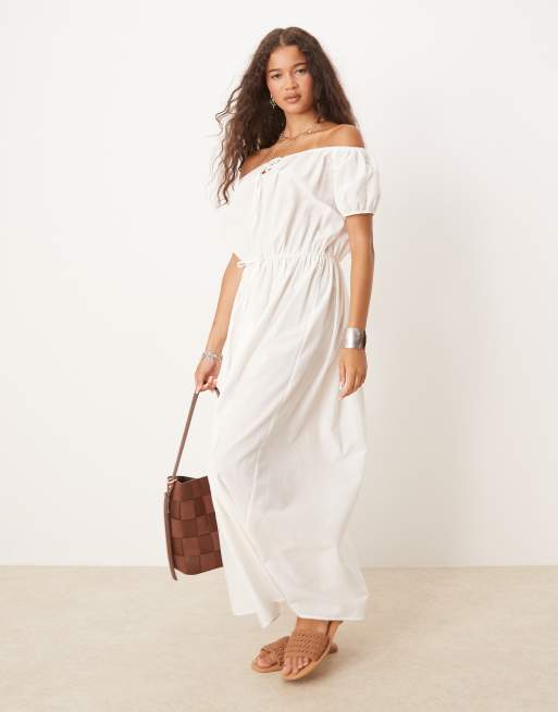 ASOS DESIGN - Vestito lungo color crema con scollo alla Bardot e vita arricciata, 3 di 4