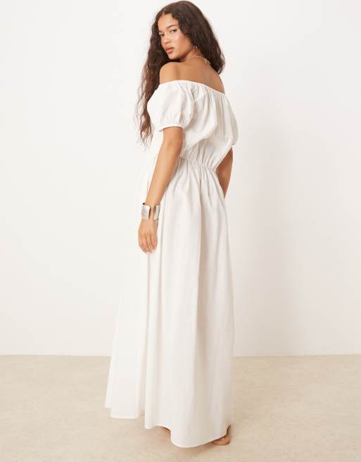 ASOS DESIGN - Vestito lungo color crema con scollo alla Bardot e vita arricciata, 4 di 4