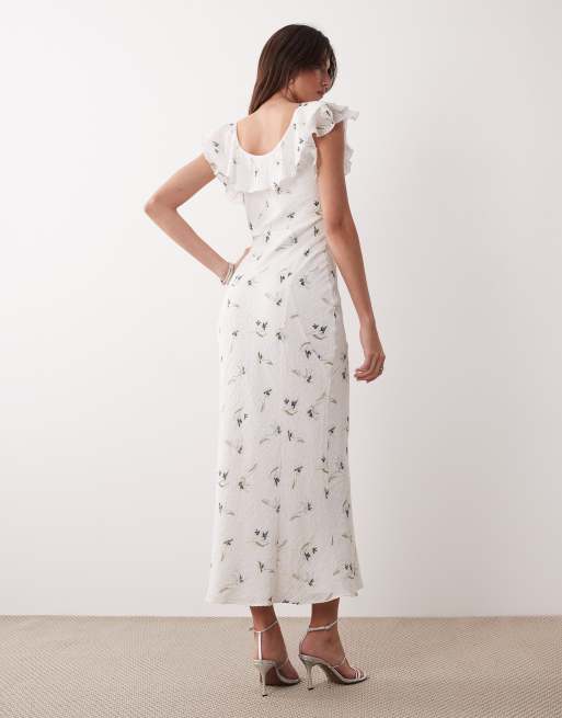 ASOS DESIGN - Vestito lungo color crema testurizzato con scollo a cuore e volant a fiorellini blu, 2 di 4