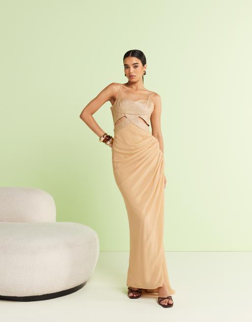 ASOS DESIGN - Vestito lungo color cuoio con gonna in chiffon drappeggiata e busto ondulato, 2 di 4