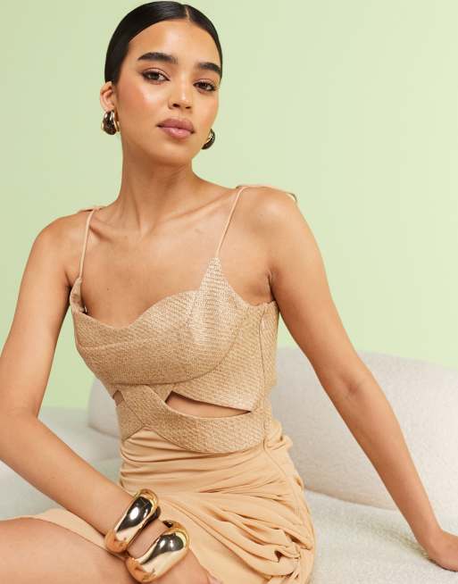 ASOS DESIGN - Vestito lungo color cuoio con gonna in chiffon drappeggiata e busto ondulato, 3 di 4
