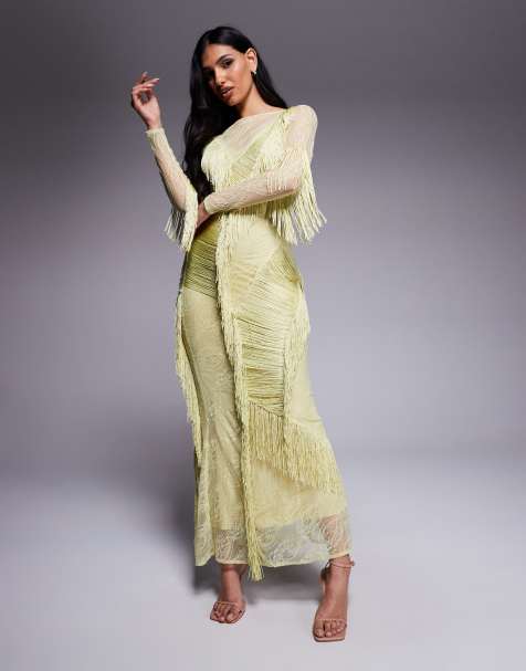 ASOS DESIGN - Vestito lungo color lime in pizzo con scollo a barchetta e frange scollato sul retro - view 1