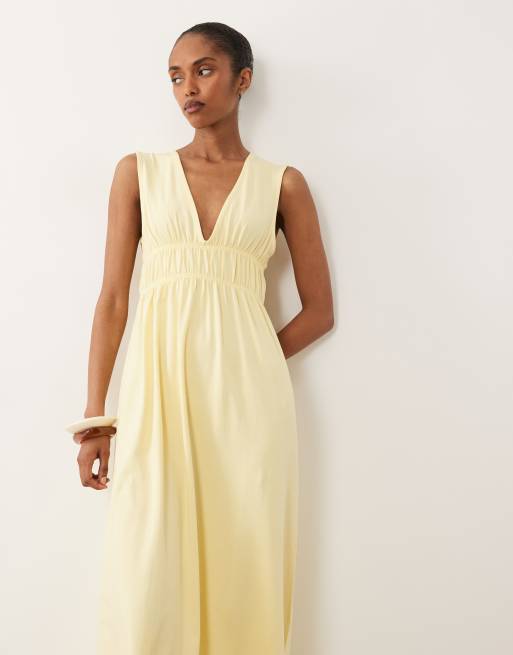 ASOS DESIGN - Vestito lungo color limone con corpino arricciato e scollo profondo