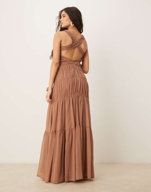 ASOS DESIGN - Vestito lungo color malva arricciato a balze con finiture con volant, 4 di 4