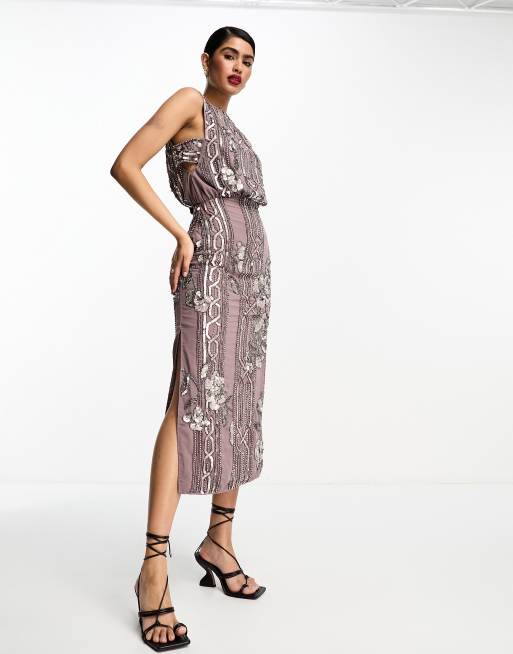 ASOS DESIGN Vestito lungo color malva con spalle scoperte e decori floreali e geometrici ASOS