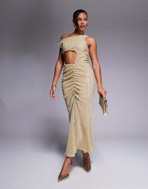 ASOS DESIGN - Vestito lungo color oro con scollo asimmetrico e dettagli arricciati con spacco
