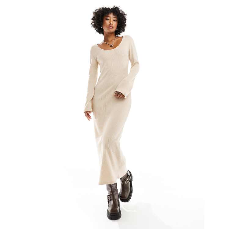 ASOS DESIGN Vestito lungo color panna con schiena scoperta e maniche a pipistrello