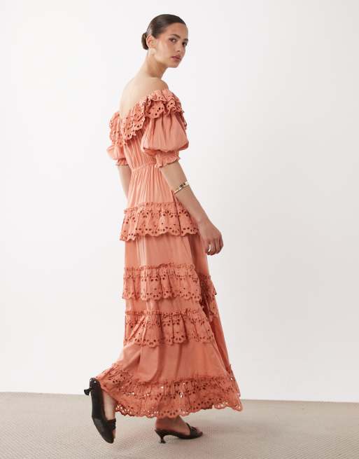 ASOS DESIGN - Vestito lungo color pesca con scollo alla Bardot e pizzo a fiori, 4 di 4