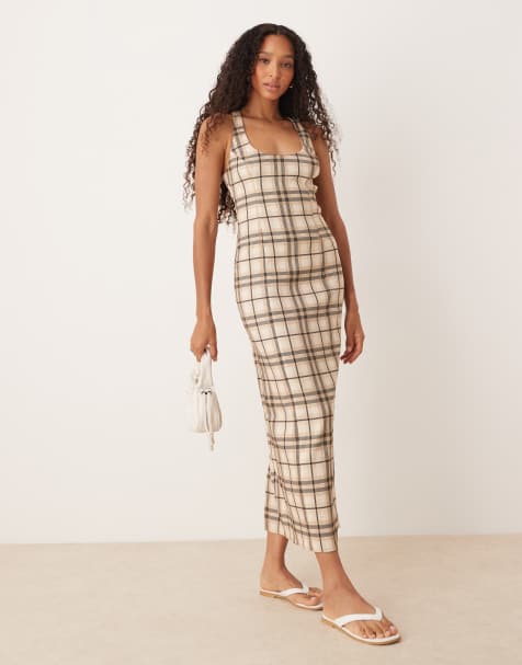 ASOS DESIGN - Vestito lungo color pietra a quadri con scollo squadrato - view 1