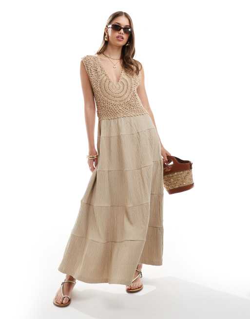 ASOS DESIGN - Vestito lungo color pietra con corpino all'uncinetto e gonna a balze