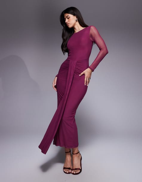 ASOS DESIGN - Vestito lungo color prugna in rete a maniche lunghe con scollo a barchetta e drappeggio - view 1