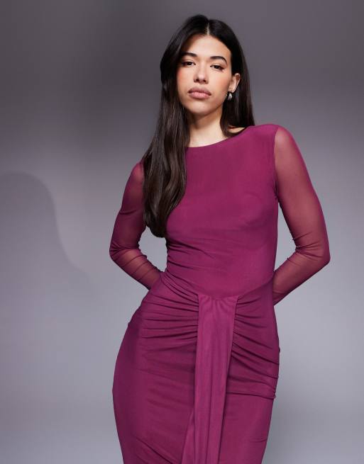 ASOS DESIGN - Vestito lungo color prugna in rete a maniche lunghe con scollo a barchetta e drappeggio, 2 di 4