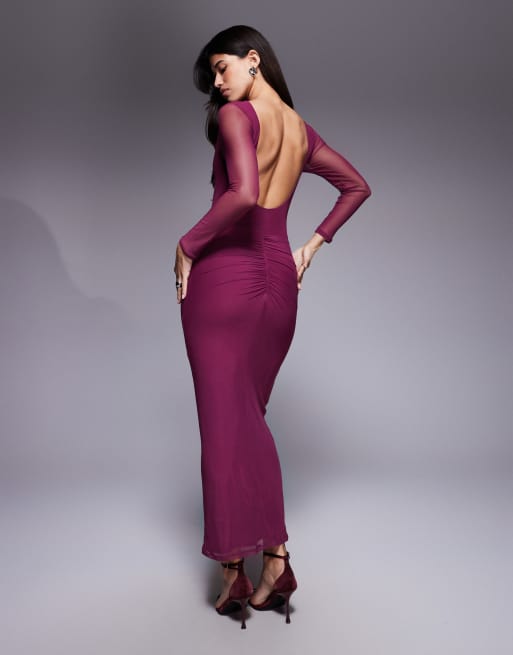 ASOS DESIGN - Vestito lungo color prugna in rete a maniche lunghe con scollo a barchetta e drappeggio, 3 di 4