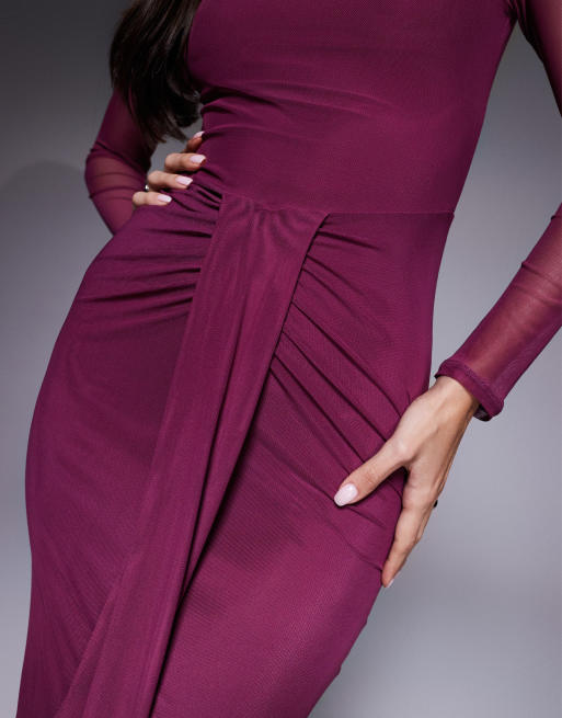 ASOS DESIGN - Vestito lungo color prugna in rete a maniche lunghe con scollo a barchetta e drappeggio, 4 di 4