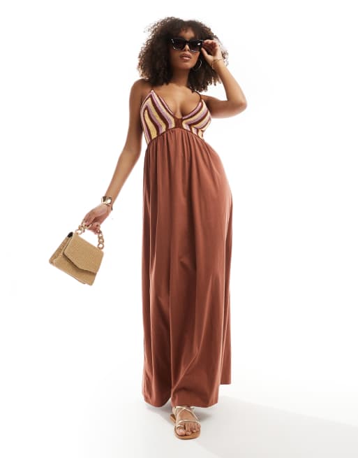 ASOS DESIGN - Vestito lungo color ruggine con bustino all'uncinetto e scollo a V