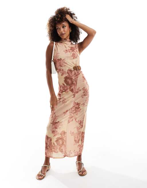ASOS DESIGN - Vestito lungo color ruggine con stampa a fiori stile arazzo, gonna godet e cintura
