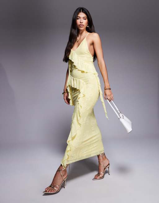 ASOS DESIGN - Vestito lungo color vaniglia francese dévoré con volant e spalline sottili