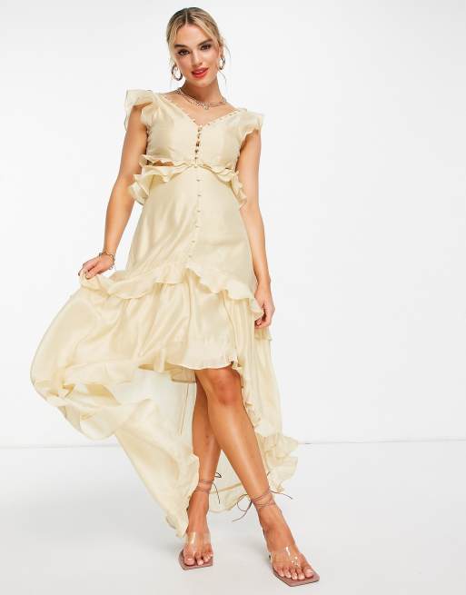 ASOS DESIGN - Vestito lungo con bottoni frontali in voile con fondo asimmetrico e cut-out