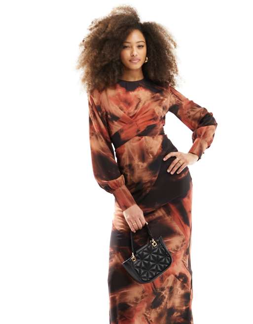 ASOS DESIGN - Vestito lungo con cintura e stampa sfocata effetto marmo, 4 di 4