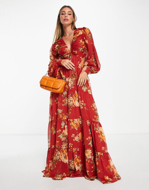 ASOS DESIGN - Vestito lungo con corpetto a pieghe morbide, gonna a balze e allacciatura sul retro rosso a fiori