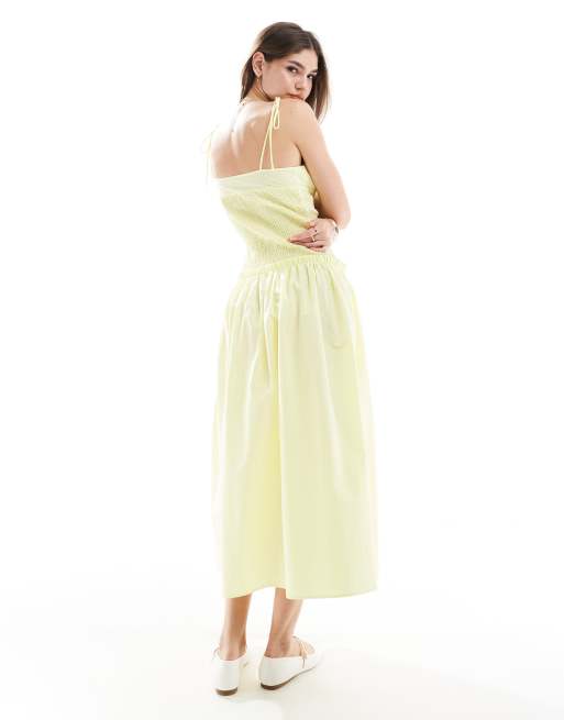 ASOS DESIGN - Vestito lungo con corpino arricciato e spalline sottili color latticello, 3 di 4