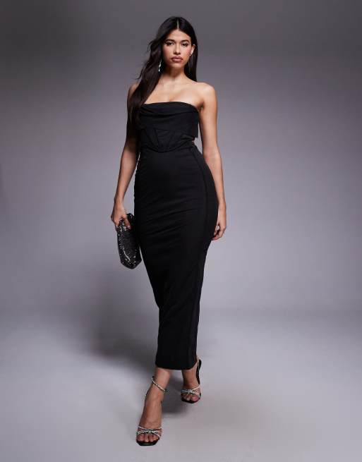 ASOS DESIGN - Vestito lungo con corsetto a fascia drappeggiato con cut-out in vita in tessuto stile scuba nero