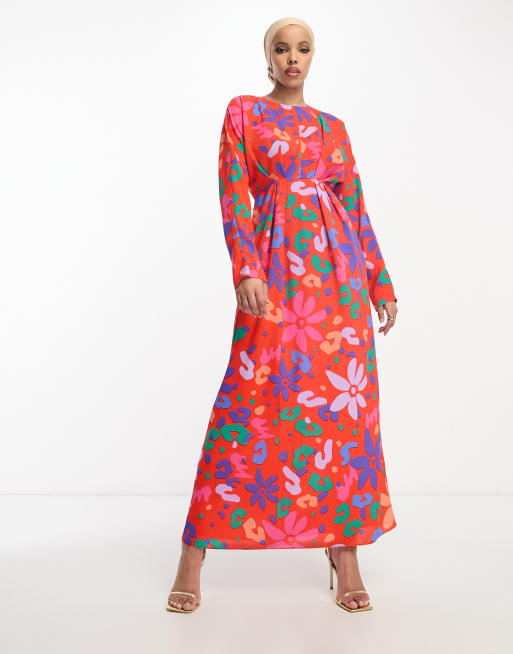 ASOS DESIGN - Vestito lungo con dettaglio a pieghe in vita rosso con stampa astratta