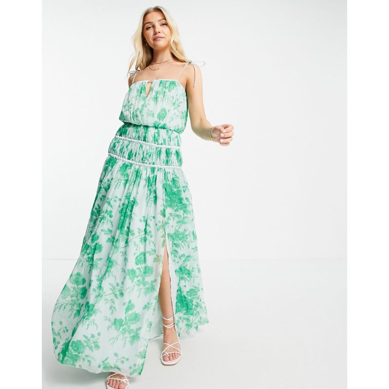 Donna Vestiti DESIGN - Vestito lungo con dettaglio arricciato e spalline sottili con laccetti verde con stampa fiori