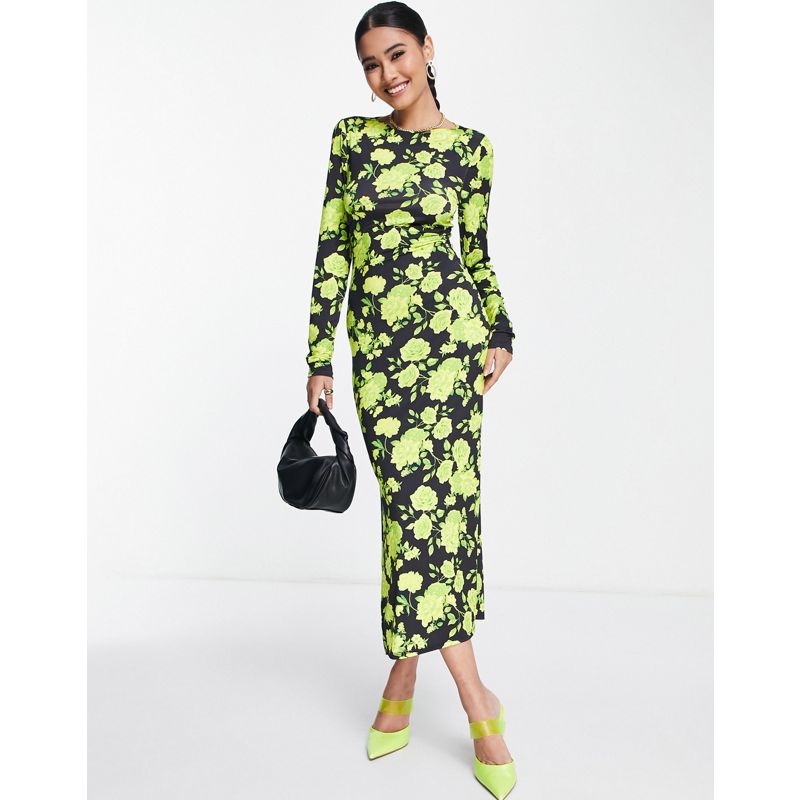 Vestiti Donna DESIGN - Vestito lungo con laccetti sul retro color lime brillante a fiori