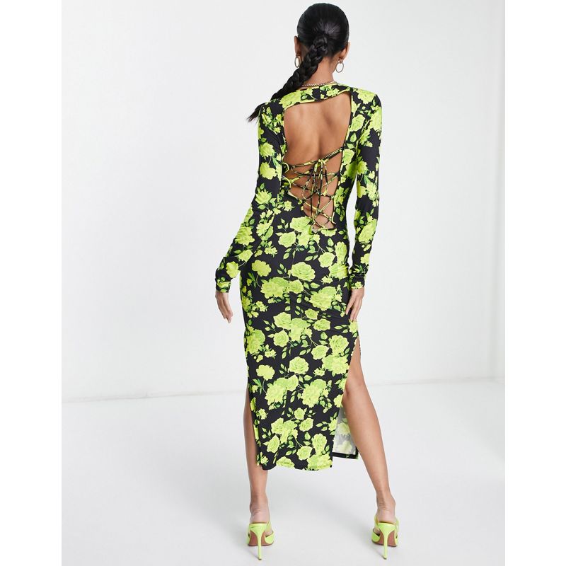 Vestiti Donna DESIGN - Vestito lungo con laccetti sul retro color lime brillante a fiori