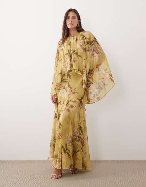 ASOS DESIGN - Vestito lungo con maniche a mantella e godet verde a fiori - view 1