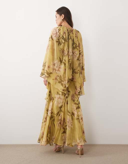 ASOS DESIGN - Vestito lungo con maniche a mantella e godet verde a fiori, 4 di 4