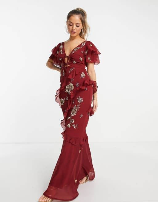 ASOS DESIGN - Vestito lungo con maniche corte e volant in fil coupé