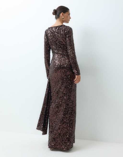 ASOS DESIGN vestito lungo con paillettes e maniche lunghe marrone, 3 di 5
