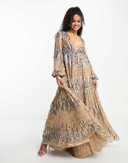 ASOS DESIGN - Vestito lungo con scollatura profonda e maniche a palloncino color talpa con decorazioni con paillettes