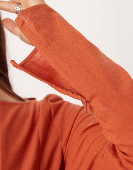 ASOS DESIGN - Vestito lungo con scollo a barchetta e gonna a ruota color terracotta, 2 di 4
