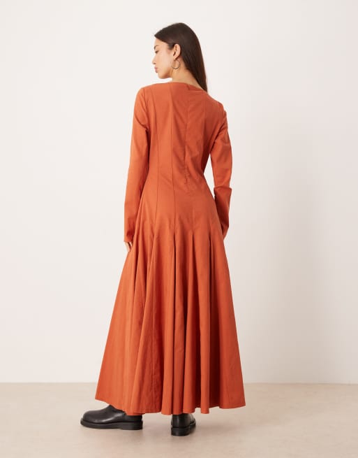 ASOS DESIGN - Vestito lungo con scollo a barchetta e gonna a ruota color terracotta, 4 di 4
