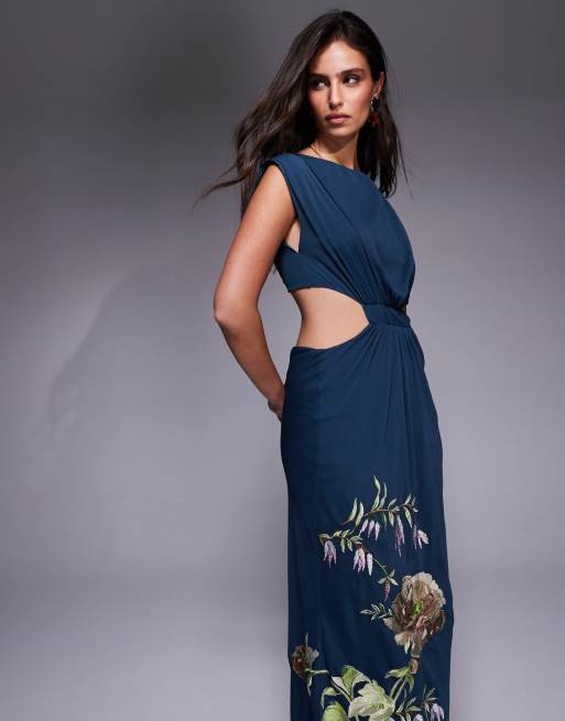 ASOS DESIGN - Vestito lungo con scollo a barchetta in chiffon blu scuro decorato con coulisse e cut-out, 4 di 4