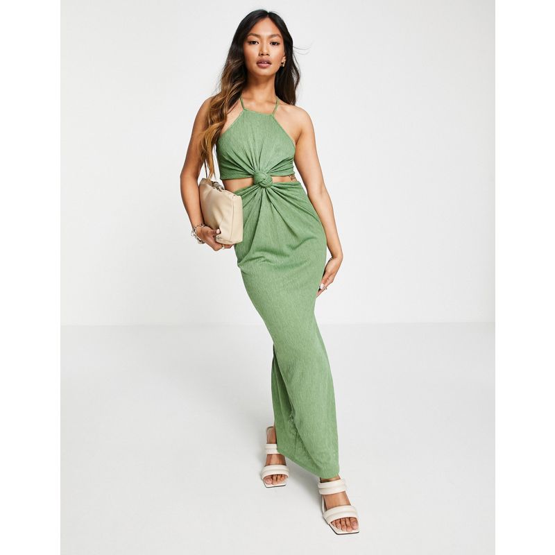 SvIjQ Donna DESIGN - Vestito lungo con scollo a vogatore con nodo e cut-out verde oliva