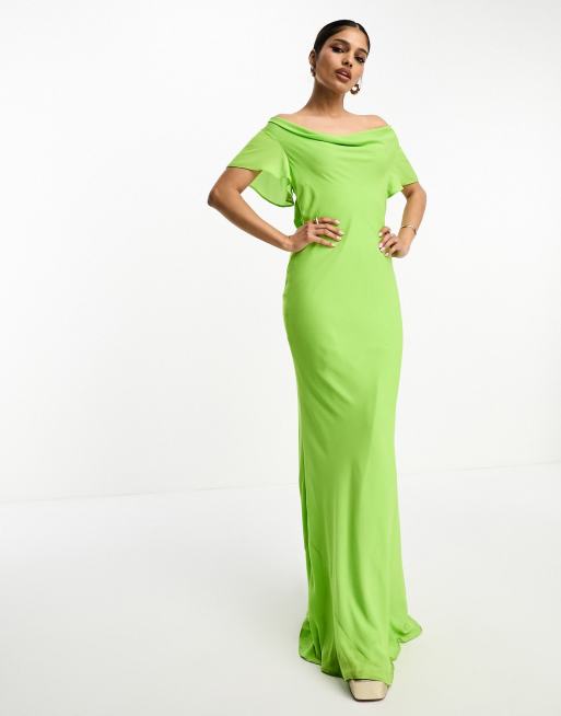 ASOS DESIGN - Vestito lungo con scollo ad anello e manica con volant verde mela